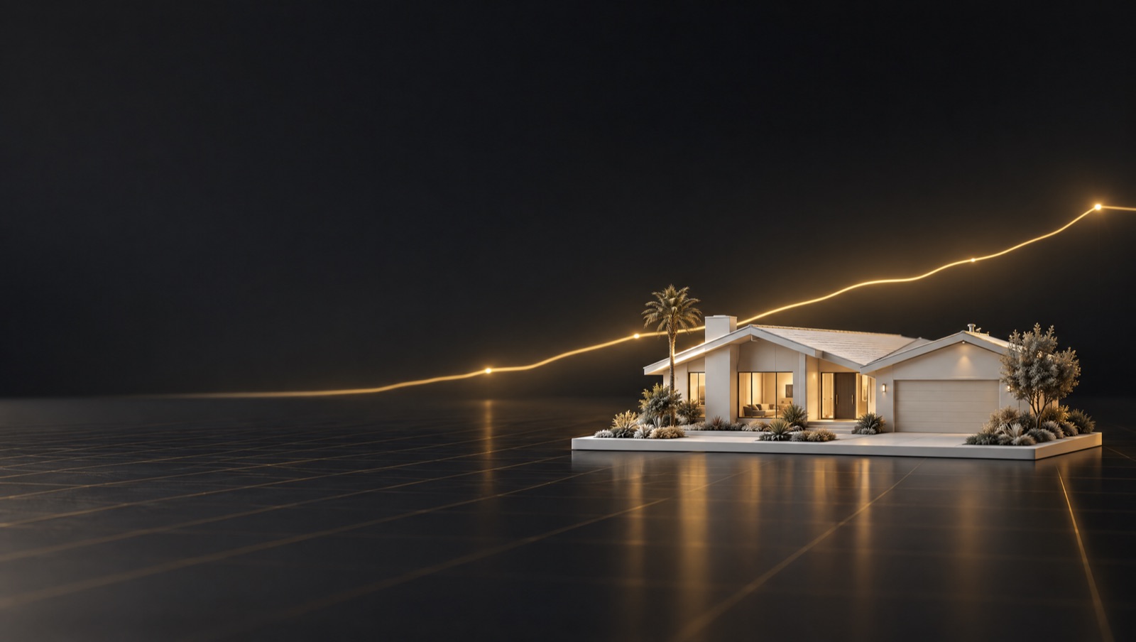 Model of a California home with a glowing line rising behind it