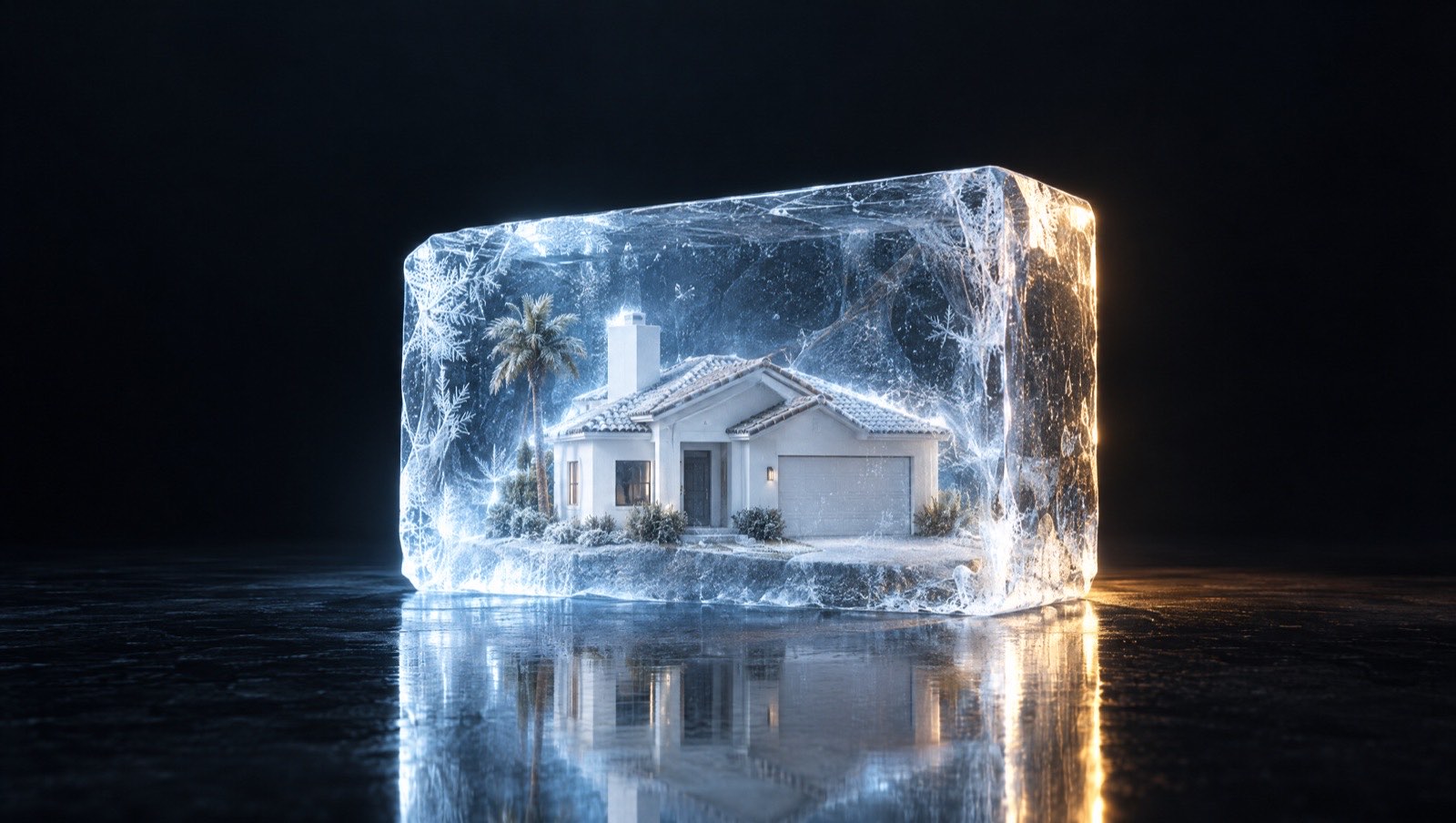 Model of a California house frozen inside a block of ice