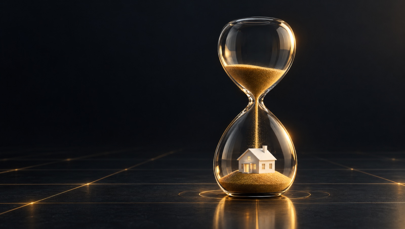 Hourglass with a small house resting in the golden sand